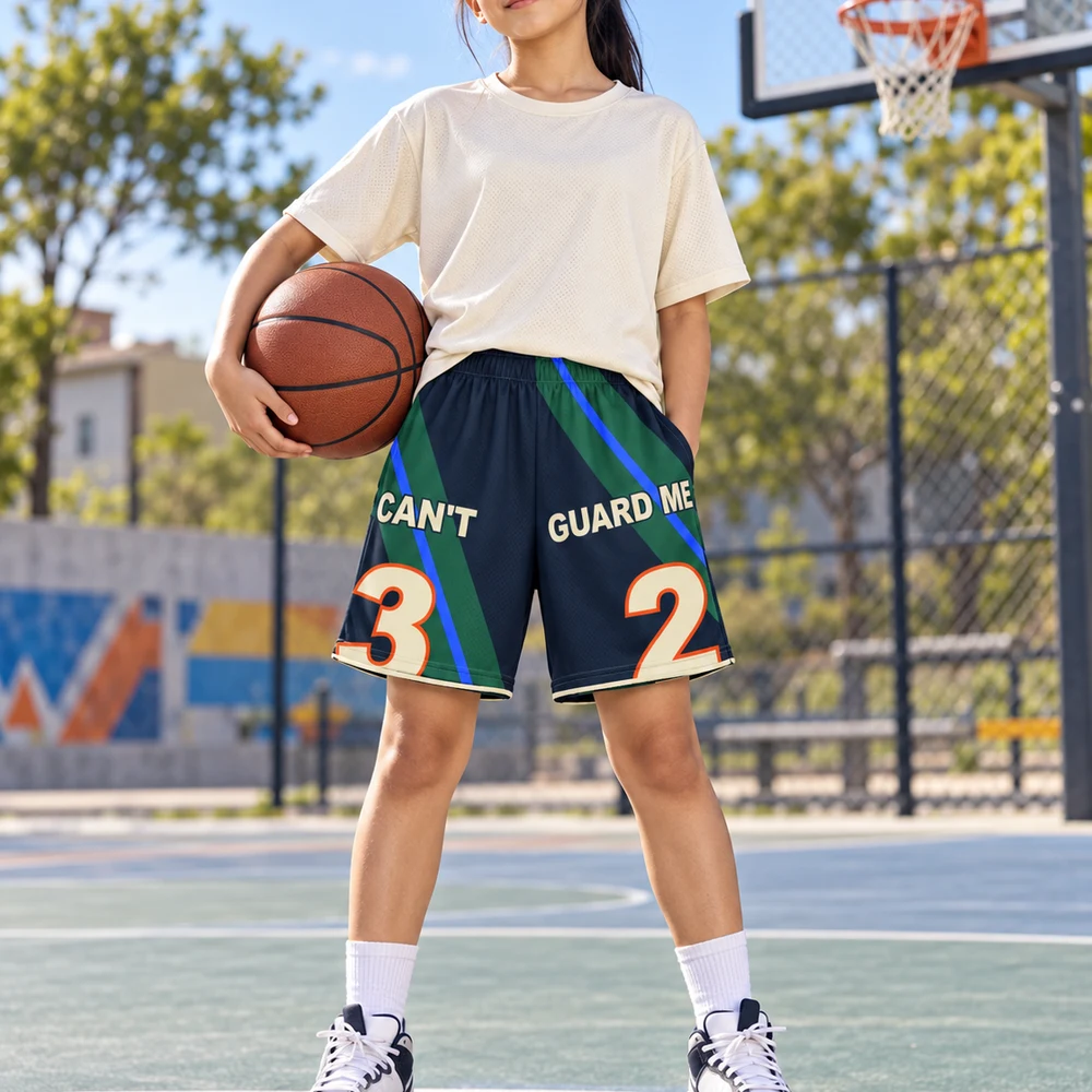 Asian girl basketball player wearing Can’t Guard Me number 32 mesh basketball shorts