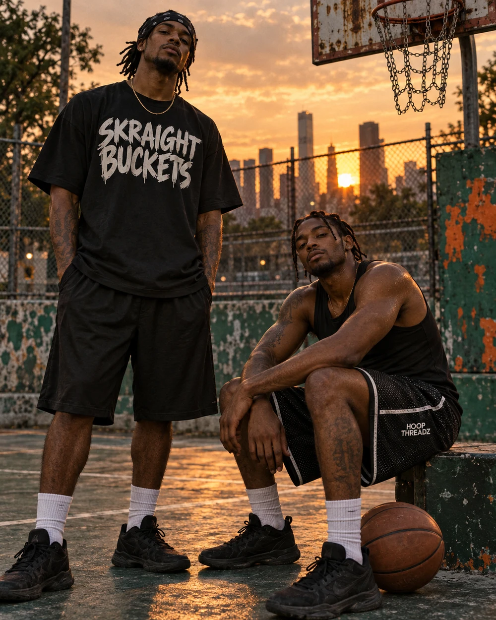 Two Black men wearing Hoop Threadz streetball apparel on an outdoor court