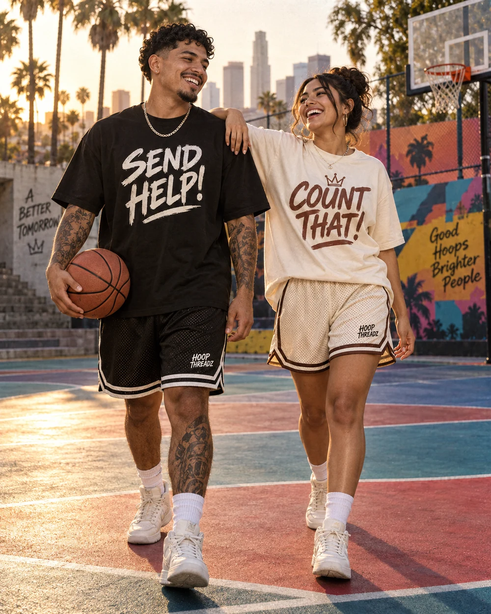 Latino man and Latina woman wearing Hoop Threadz apparel after a streetball win