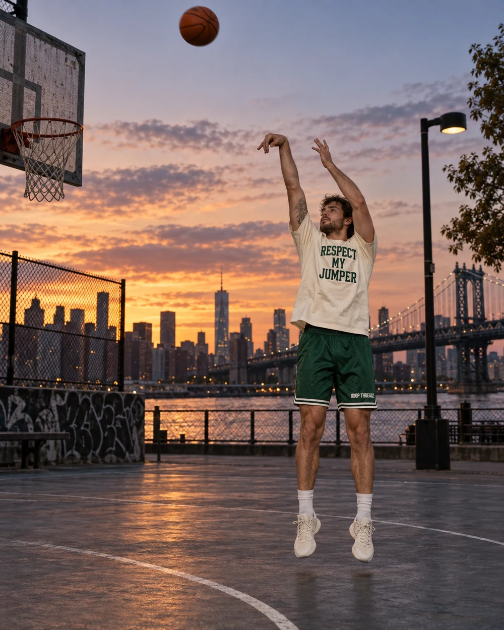 White man shooting a deep three in Respect My Jumper Hoop Threadz apparel