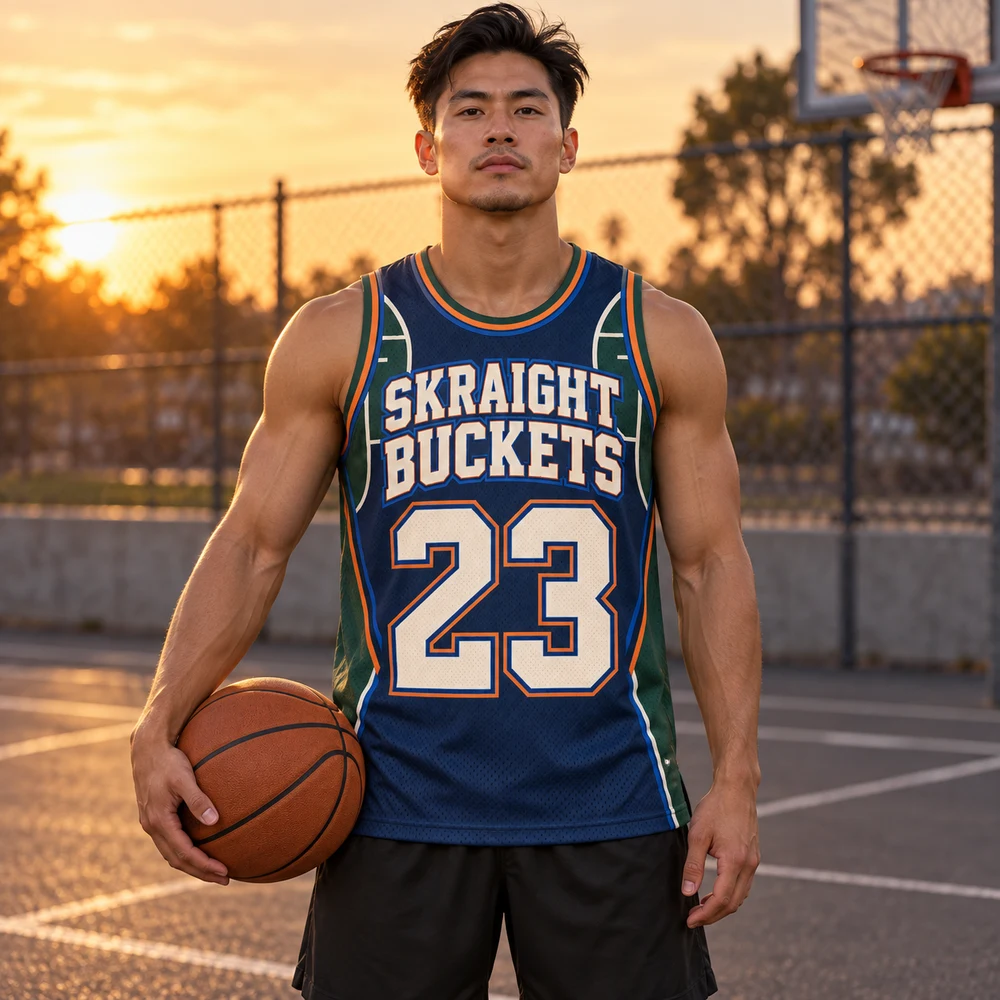 Asian streetball player wearing the Skraight Buckets number 23 basketball jersey