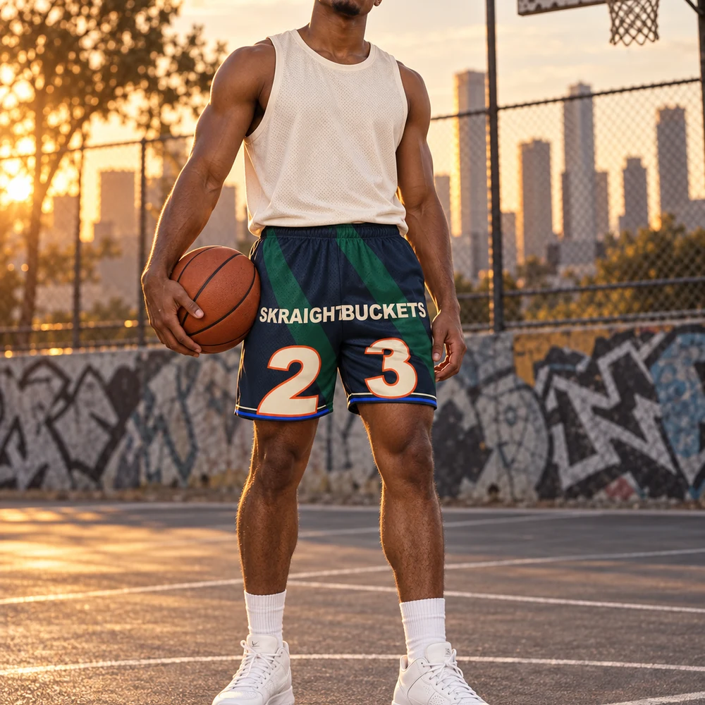 Black streetball player wearing Skraight Buckets number 23 mesh basketball shorts